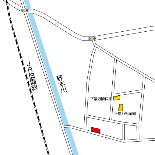 野本川沿いから下福万児童館へ向かう橋を渡った、最初の交差点の右斜め前にあります