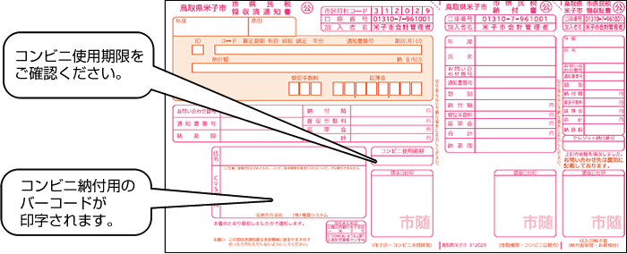 納付書のイメージ。納付書にバーコードが印字されます。